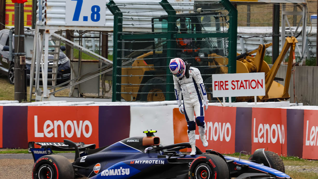 SUZUKA, JAPAN - APRIL 05: Logan Sargeant of United States and Williams climbs from his car after crashing during practice ahead of the F1 Grand Prix of Japan at Suzuka International Racing Course on April 05, 2024 in Suzuka, Japan. (Photo by Kym Illman/Getty Images)