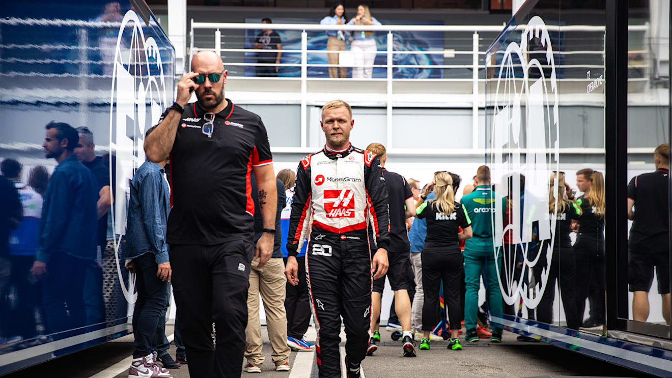 BARCELONA, SPAIN - JUNE 23: Kevin Magnussen of Denmark and Haas F1 team leaving the FIA garage afterr the F1 Grand Prix of Spain at Circuit de Barcelona-Catalunya on June 23, 2024 in Barcelona, Spain.(Photo by Jayce Illman/Getty Images)