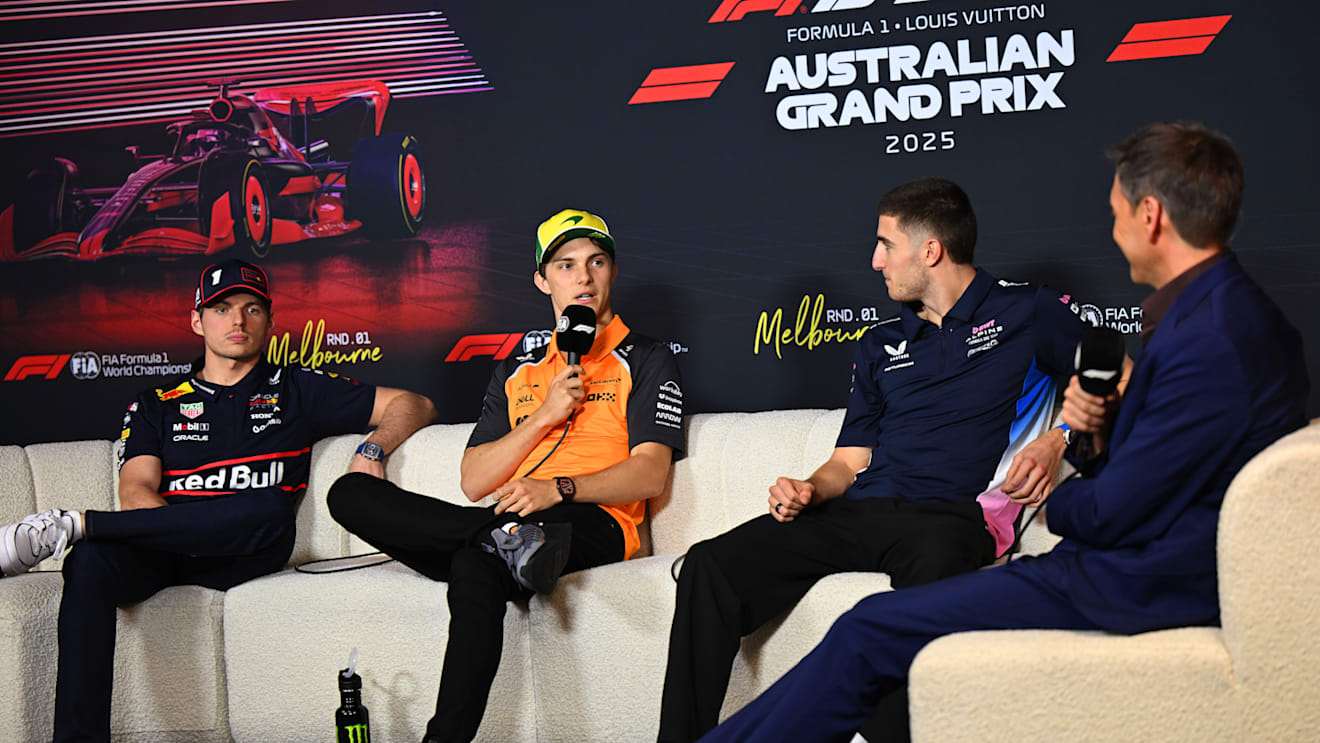 MELBOURNE, AUSTRALIA - MARCH 13: Max Verstappen of the Netherlands and Oracle Red Bull Racing, Oscar Piastri of Australia and McLaren, and Jack Doohan of Australia and Alpine F1 in the Press Conference during previews ahead of the F1 Grand Prix of Australia at Albert Park Grand Prix Circuit on March 13, 2025 in Melbourne, Australia. (Photo by Sam Bagnall/Sutton Images)