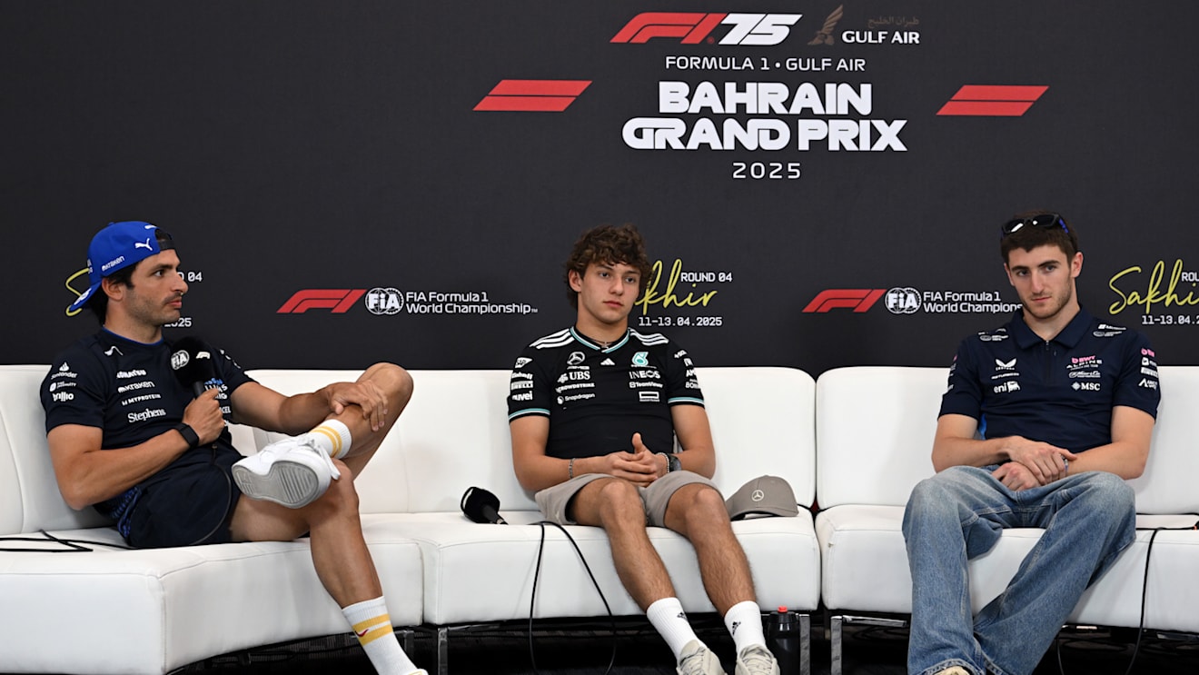 BAHRAIN, BAHRAIN - APRIL 10: Carlos Sainz of Spain and Williams, Andrea Kimi Antonelli of Italy and Mercedes AMG Petronas F1 Team, and Jack Doohan of Australia and Alpine F1 in the Drivers Press Conference during previews ahead of the F1 Grand Prix of Bahrain at Bahrain International Circuit on April 10, 2025 in Bahrain, Bahrain. (Photo by Sam Bagnall/Sutton Images)