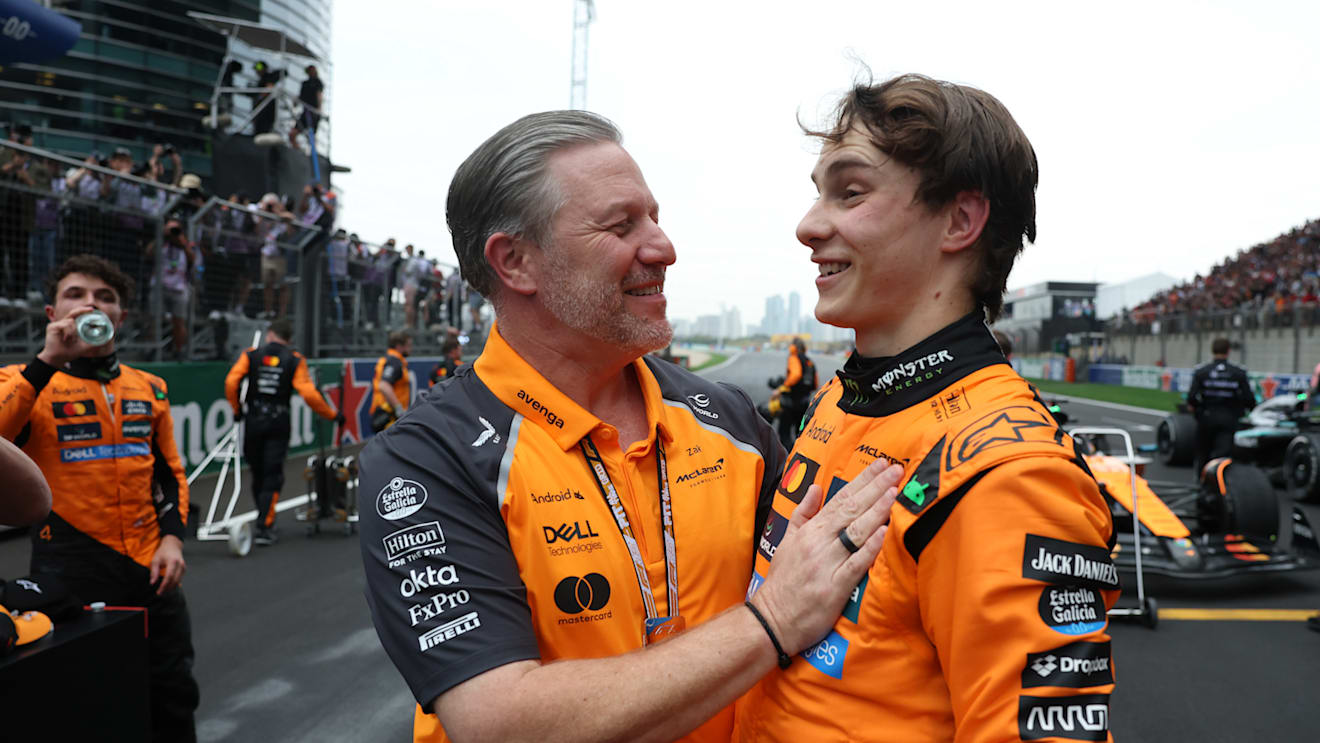 SHANGHAI, CHINA - MARCH 23: Zak Brown, Chief Executive Officer of McLaren and Race winner Oscar Piastri of Australia and McLaren celebrate in parc ferme during the F1 Grand Prix of China at Shanghai International Circuit on March 23, 2025 in Shanghai, China. (Photo by Steven Tee/LAT Images)