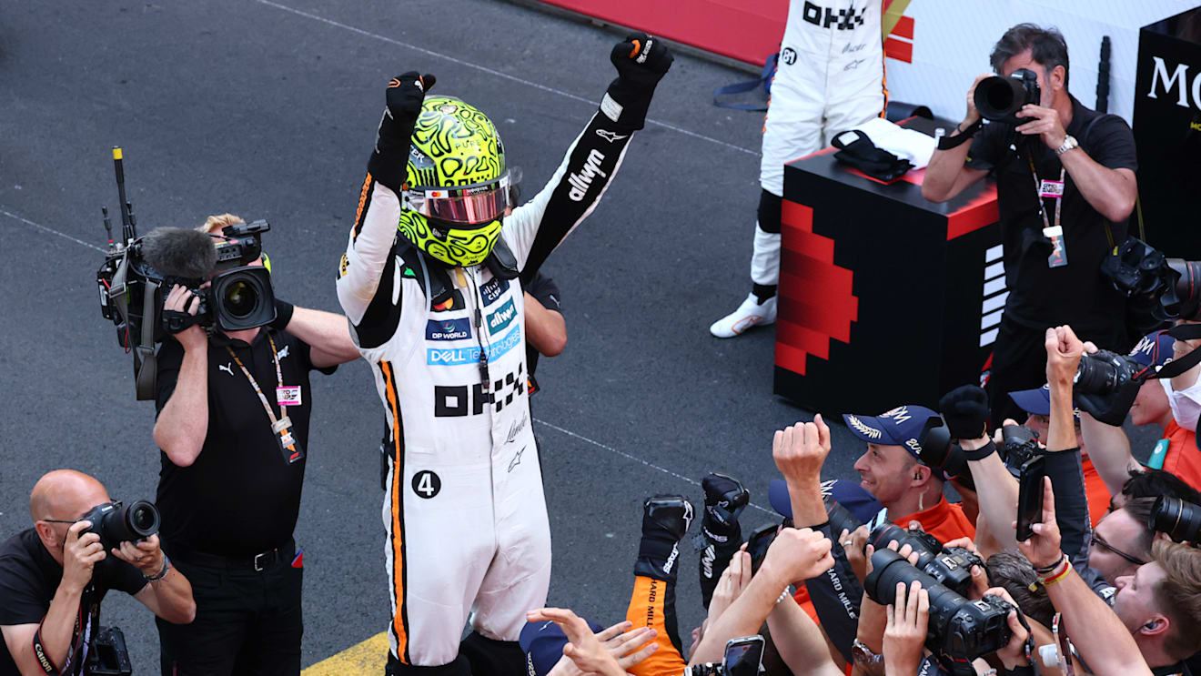 MONTE-CARLO, MONACO - MAY 25: Race winner Lando Norris of Great Britain and McLaren celebrates in parc ferme during the F1 Grand Prix of Monaco at Circuit de Monaco on May 25, 2025 in Monte-Carlo, Monaco. (Photo by Clive Rose/Getty Images)