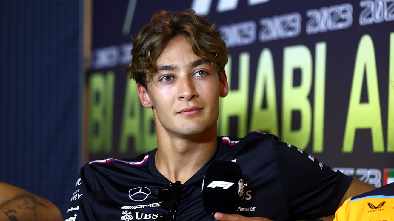 ABU DHABI, UNITED ARAB EMIRATES - NOVEMBER 23: George Russell of Great Britain and Mercedes attends the Drivers Press Conference during previews ahead of the F1 Grand Prix of Abu Dhabi at Yas Marina Circuit on November 23, 2023 in Abu Dhabi, United Arab Emirates. (Photo by Clive Rose/Getty Images)