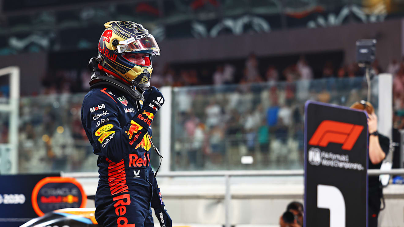 ABU DHABI, UNITED ARAB EMIRATES - NOVEMBER 25: Pole position qualifier Max Verstappen of the Netherlands and Oracle Red Bull Racing celebrates in parc ferme during qualifying ahead of the F1 Grand Prix of Abu Dhabi at Yas Marina Circuit on November 25, 2023 in Abu Dhabi, United Arab Emirates. (Photo by Mark Thompson/Getty Images)