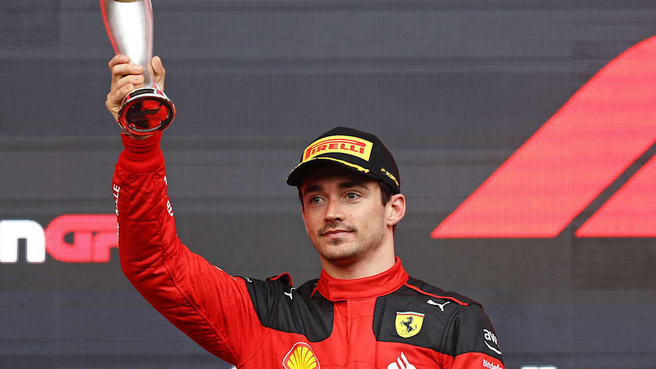 BAKU, AZERBAIJAN - APRIL 30: Third placed Charles Leclerc of Monaco and Ferrari celebrates on the podium during the F1 Grand Prix of Azerbaijan at Baku City Circuit on April 30, 2023 in Baku, Azerbaijan. (Photo by Alex Pantling/Getty Images)