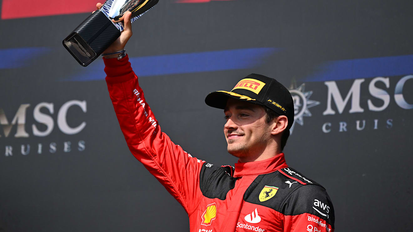 SPA, BELGIUM - JULY 30: Third placed Charles Leclerc of Monaco and Ferrari celebrates on the podium during the F1 Grand Prix of Belgium at Circuit de Spa-Francorchamps on July 30, 2023 in Spa, Belgium. (Photo by Dan Mullan/Getty Images)