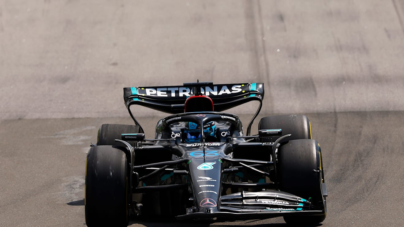 MONTREAL, QUEBEC - JUNE 18: George Russell of Great Britain driving the (63) Mercedes AMG Petronas F1 Team W14 with a broken front wing  after a crash on track with a broken front wing during the F1 Grand Prix of Canada at Circuit Gilles Villeneuve on June 18, 2023 in Montreal, Quebec. (Photo by Jared C. Tilton/Getty Images)