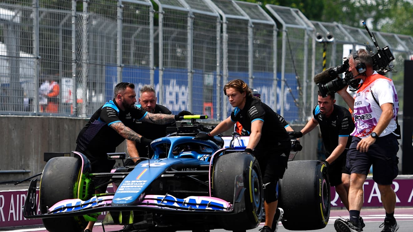 MONTREAL, QUEBEC - JUNE 16: The car of Pierre Gasly of France and Alpine F1 is recovered to the garage after stopping on track during practice ahead of the F1 Grand Prix of Canada at Circuit Gilles Villeneuve on June 16, 2023 in Montreal, Quebec. (Photo by Rudy Carezzevoli/Getty Images)