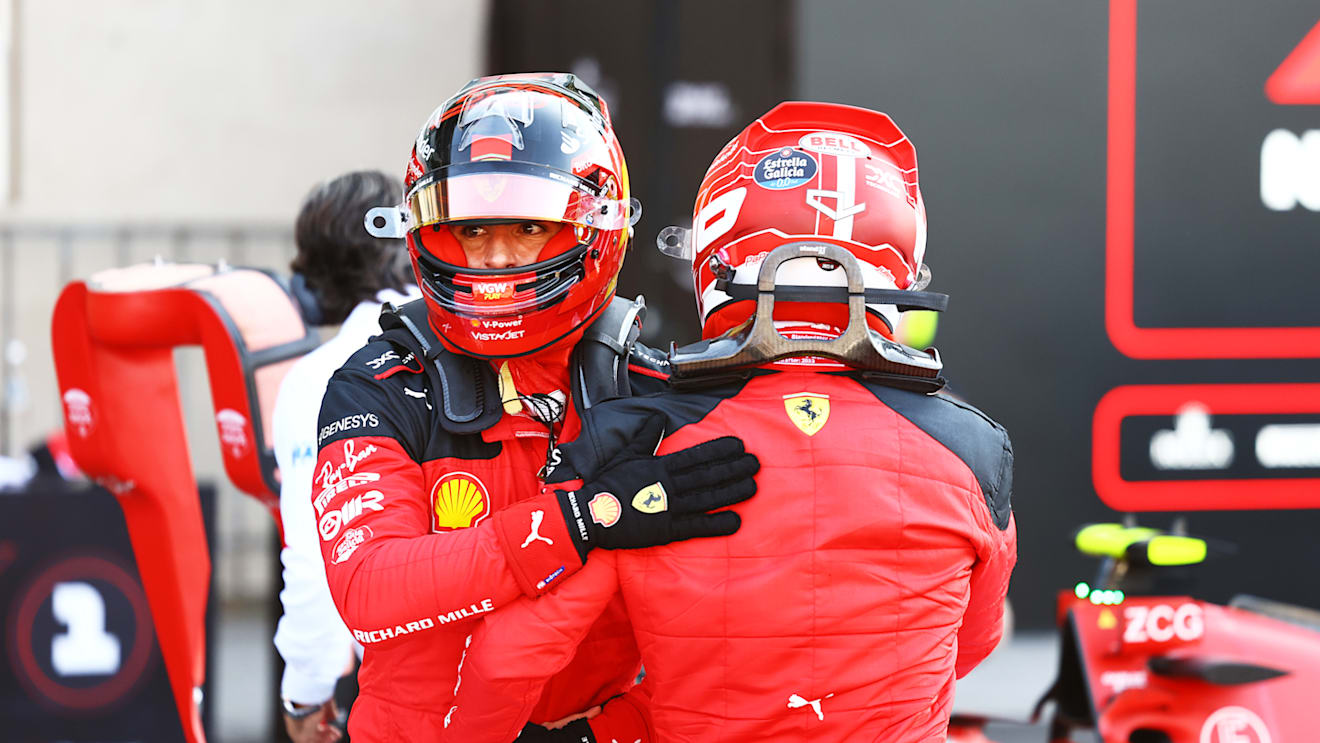 MEXICO CITY, MEXICO - OCTOBER 28: Pole position qualifier Charles Leclerc of Monaco and Ferrari celebrates with Second placed qualifier Carlos Sainz of Spain and Ferrari in parc fere during qualifying ahead of the F1 Grand Prix of Mexico at Autodromo Hermanos Rodriguez on October 28, 2023 in Mexico City, Mexico. (Photo by Mark Thompson/Getty Images)
