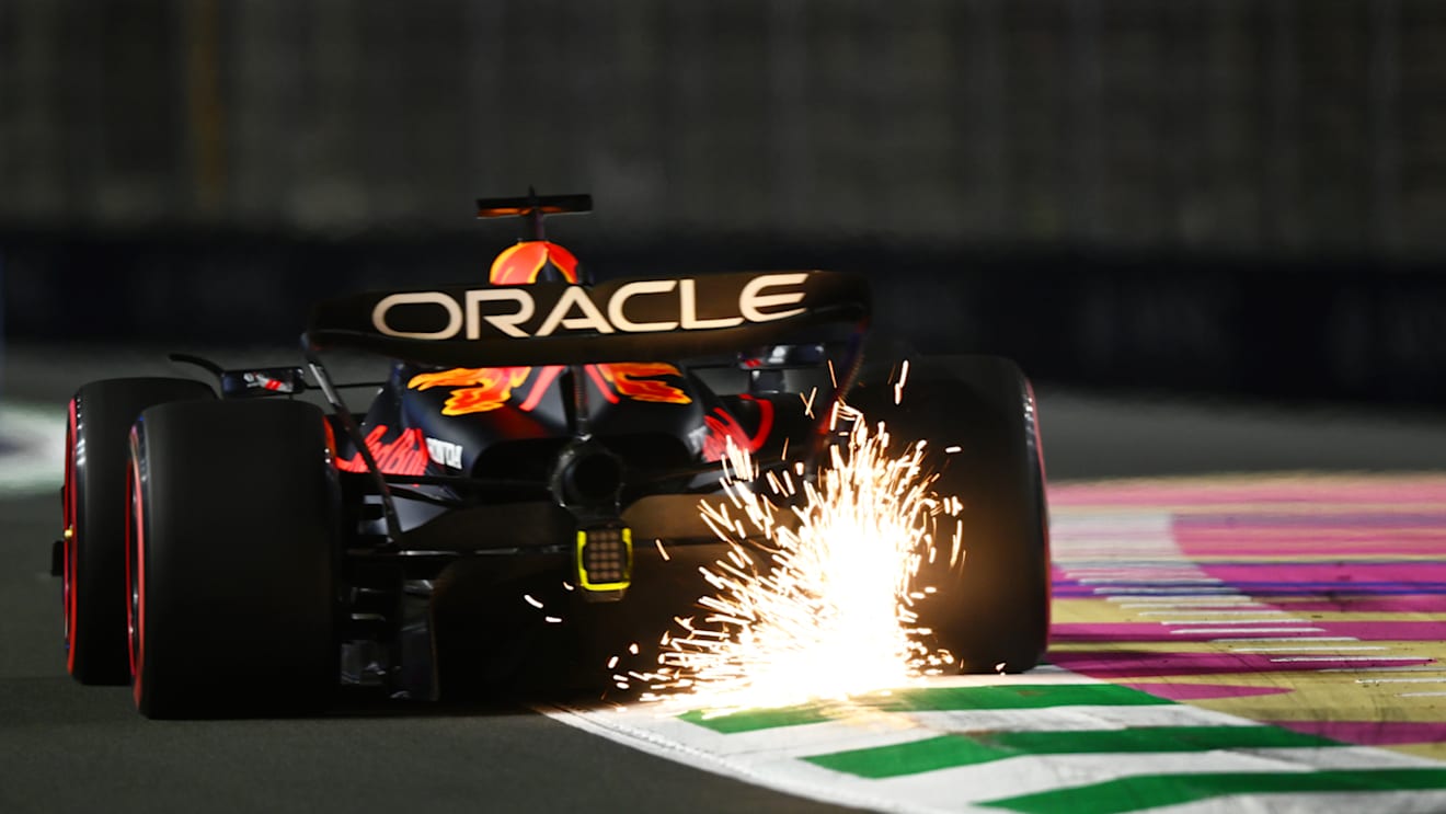 JEDDAH, SAUDI ARABIA - MARCH 17: Sparks fly behind Max Verstappen of the Netherlands driving the (1) Oracle Red Bull Racing RB19 during practice ahead of the F1 Grand Prix of Saudi Arabia at Jeddah Corniche Circuit on March 17, 2023 in Jeddah, Saudi Arabia. (Photo by Clive Mason/Getty Images)