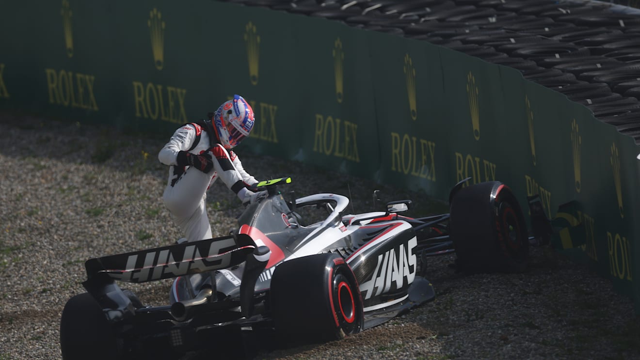 ZANDVOORT, NETHERLANDS - AUGUST 25: Nico Hulkenberg of Germany driving the (27) Haas F1 VF-23 Ferrari stops on track during practice ahead of the F1 Grand Prix of The Netherlands at Circuit Zandvoort on August 25, 2023 in Zandvoort, Netherlands. (Photo by Lars Baron/Getty Images)