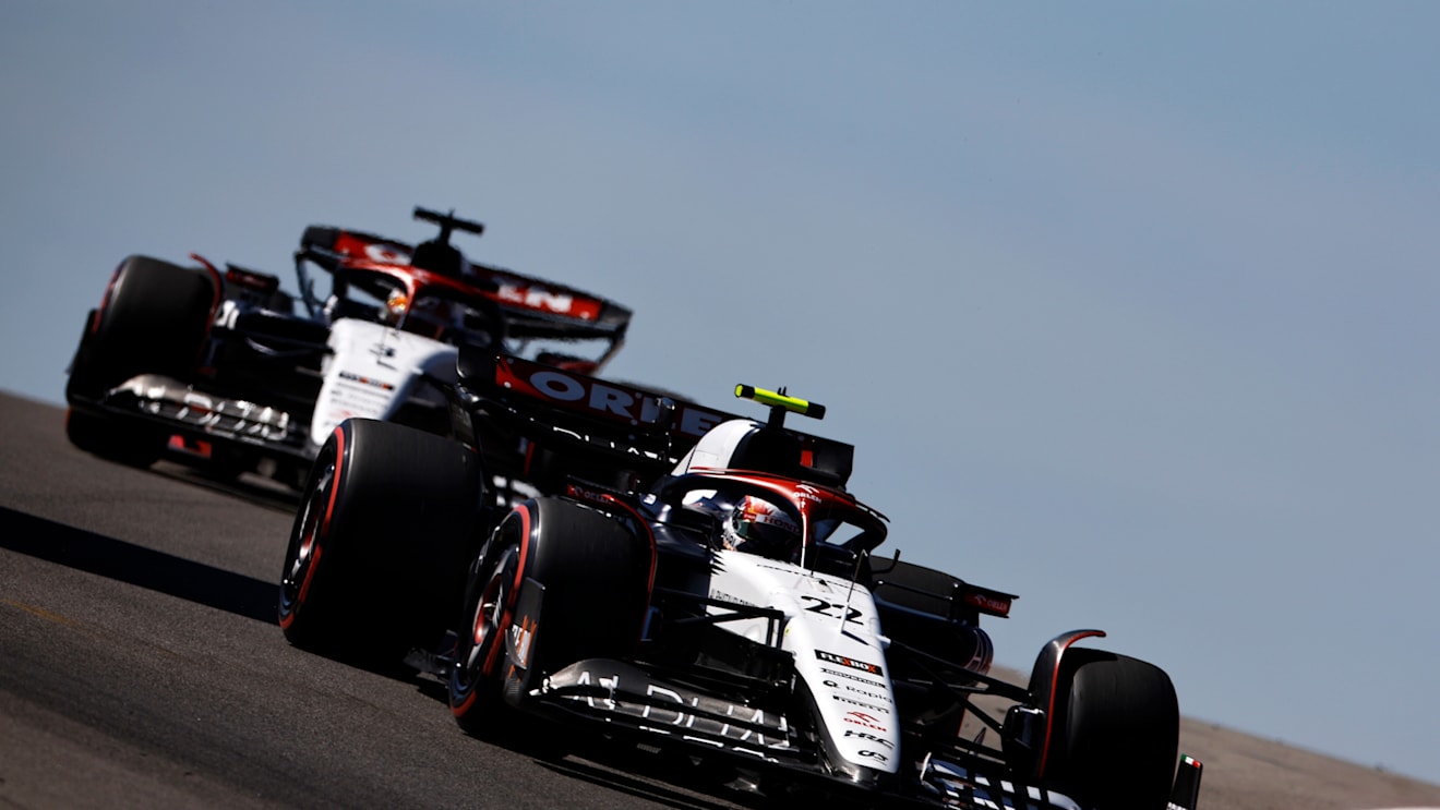 AUSTIN, TEXAS - OCTOBER 20: Yuki Tsunoda of Japan driving the (22) Scuderia AlphaTauri AT04 leads Daniel Ricciardo of Australia driving the (3) Scuderia AlphaTauri AT04 on track during practice ahead of the F1 Grand Prix of United States at Circuit of The Americas on October 20, 2023 in Austin, Texas. (Photo by Chris Graythen/Getty Images)