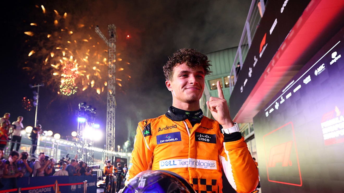 SINGAPORE, SINGAPORE - SEPTEMBER 22: Race winner Lando Norris of Great Britain and McLaren celebrates in parc ferme during the F1 Grand Prix of Singapore at Marina Bay Street Circuit on September 22, 2024 in Singapore, Singapore. (Photo by Clive Rose - Formula 1/Formula 1 via Getty Images)
