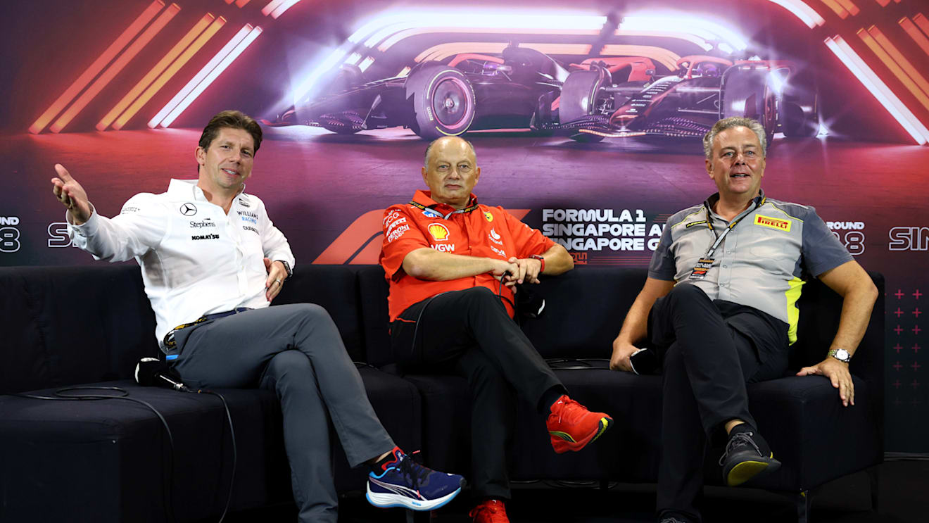 SINGAPORE, SINGAPORE - SEPTEMBER 20: James Vowles, Team Principal of Williams, Ferrari Team Principal Frederic Vasseur and Director of Pirelli F1 Mario Isola attend the Team Principals Press Conference during practice ahead of the F1 Grand Prix of Singapore at Marina Bay Street Circuit on September 20, 2024 in Singapore, Singapore. (Photo by Clive Rose/Getty Images)