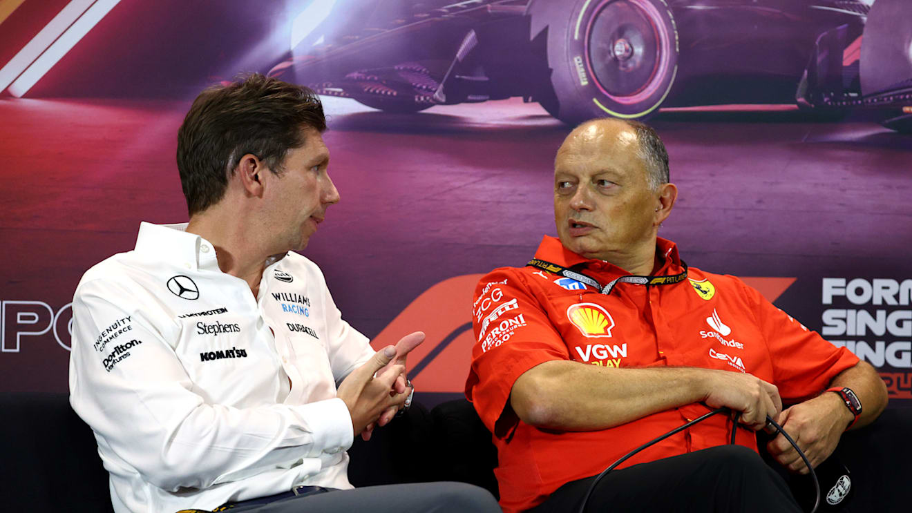 SINGAPORE, SINGAPORE - SEPTEMBER 20: James Vowles, Team Principal of Williams and Ferrari Team Principal Frederic Vasseur attend the Team Principals Press Conference during practice ahead of the F1 Grand Prix of Singapore at Marina Bay Street Circuit on September 20, 2024 in Singapore, Singapore. (Photo by Clive Rose/Getty Images)