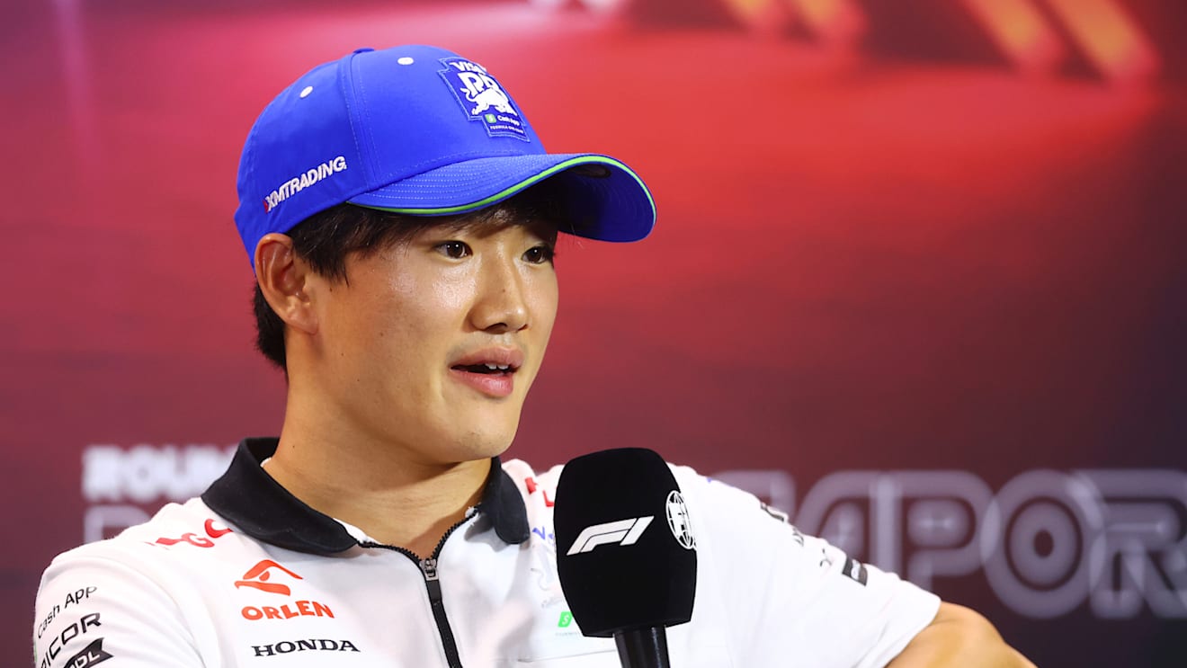 SINGAPORE, SINGAPORE - SEPTEMBER 19: Yuki Tsunoda of Japan and Visa Cash App RB attends the Drivers Press Conference during previews ahead of the F1 Grand Prix of Singapore at Marina Bay Street Circuit on September 19, 2024 in Singapore, Singapore. (Photo by Lars Baron/Getty Images)