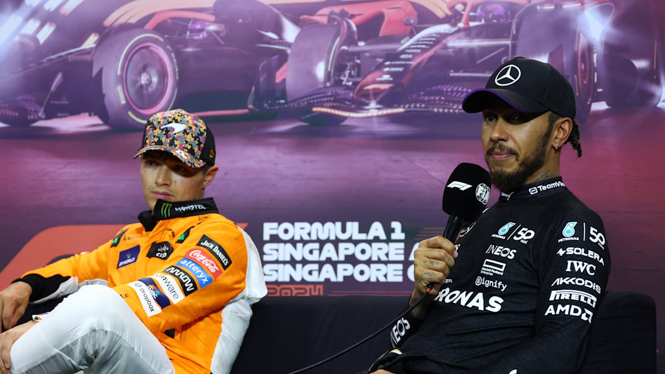 SINGAPORE, SINGAPORE - SEPTEMBER 21: Third placed qualifier Lewis Hamilton of Great Britain and Mercedes attends the press conference after qualifying ahead of the F1 Grand Prix of Singapore at Marina Bay Street Circuit on September 21, 2024 in Singapore, Singapore. (Photo by Clive Rose/Getty Images)