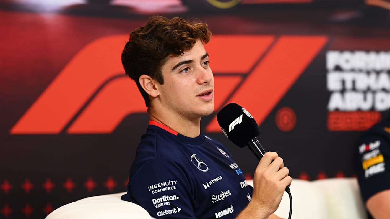 ABU DHABI, UNITED ARAB EMIRATES - DECEMBER 05: Franco Colapinto of Argentina and Williams attends the Drivers Press Conference during previews ahead of the F1 Grand Prix of Abu Dhabi at Yas Marina Circuit on December 05, 2024 in Abu Dhabi, United Arab Emirates. (Photo by Clive Mason/Getty Images)