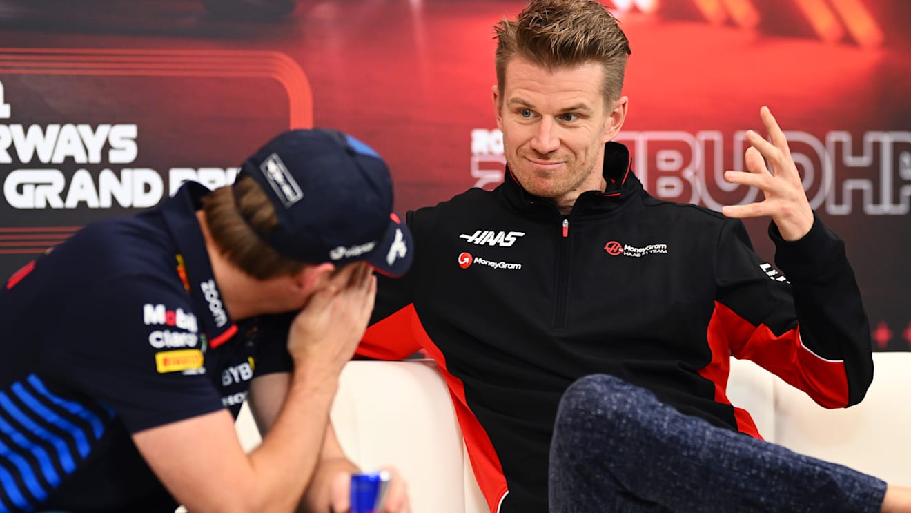 ABU DHABI, UNITED ARAB EMIRATES - DECEMBER 05: Max Verstappen of the Netherlands and Oracle Red Bull Racing and Nico Hulkenberg of Germany and Haas F1 attend the Drivers Press Conference during previews ahead of the F1 Grand Prix of Abu Dhabi at Yas Marina Circuit on December 05, 2024 in Abu Dhabi, United Arab Emirates. (Photo by Clive Mason/Getty Images)