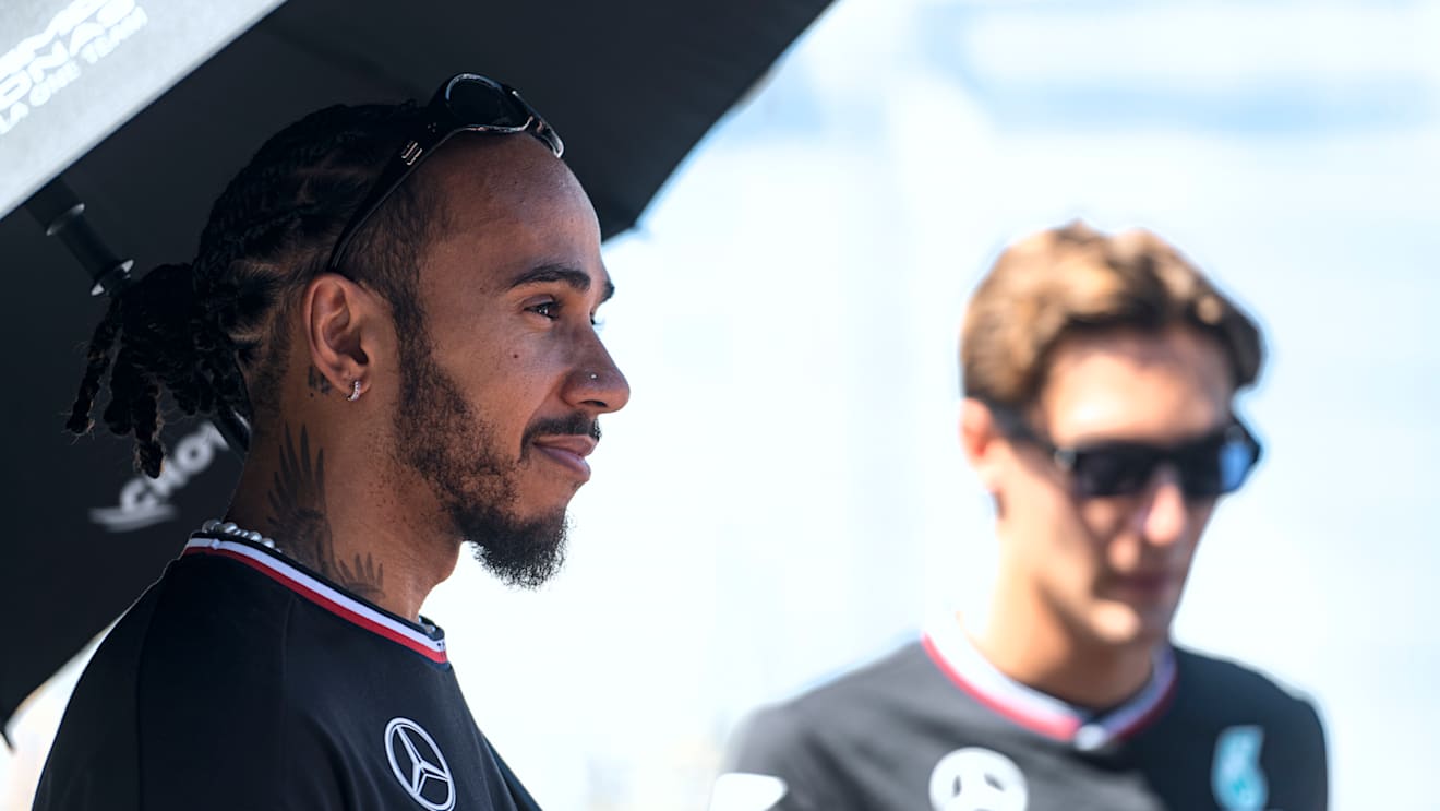 BAKU, AZERBAIJAN - SEPTEMBER 15: Lewis Hamilton of Great Britain and Mercedes looks on from the drivers parade prior to the F1 Grand Prix of Azerbaijan at Baku City Circuit on September 15, 2024 in Baku, Azerbaijan. (Photo by Rudy Carezzevoli/Getty Images)