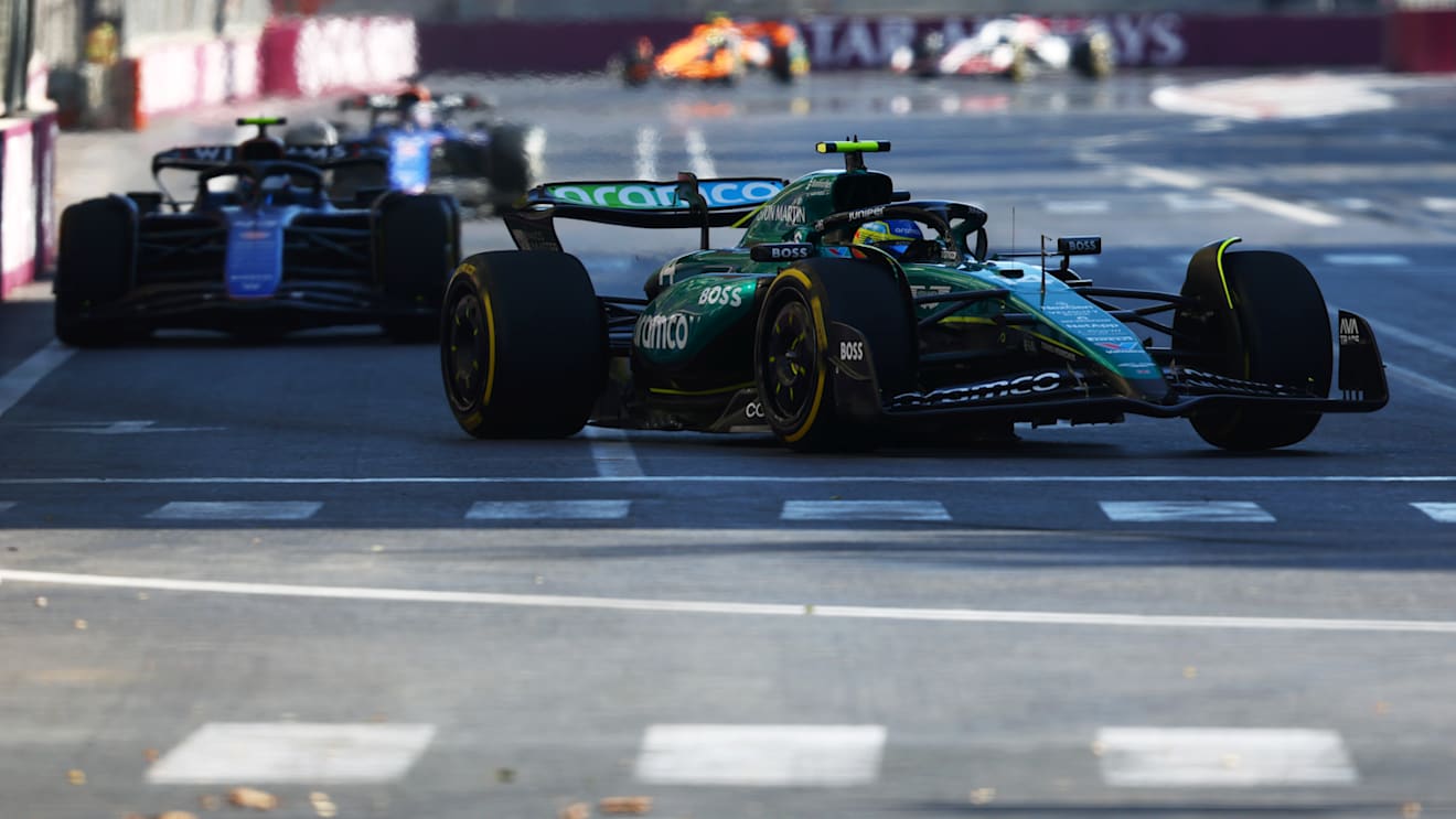 BAKU, AZERBAIJAN - SEPTEMBER 15: Fernando Alonso of Spain driving the (14) Aston Martin AMR24 Mercedes leads Franco Colapinto of Argentina driving the (43) Williams FW46 Mercedes during the F1 Grand Prix of Azerbaijan at Baku City Circuit on September 15, 2024 in Baku, Azerbaijan. (Photo by Joe Portlock - Formula 1/Formula 1 via Getty Images)