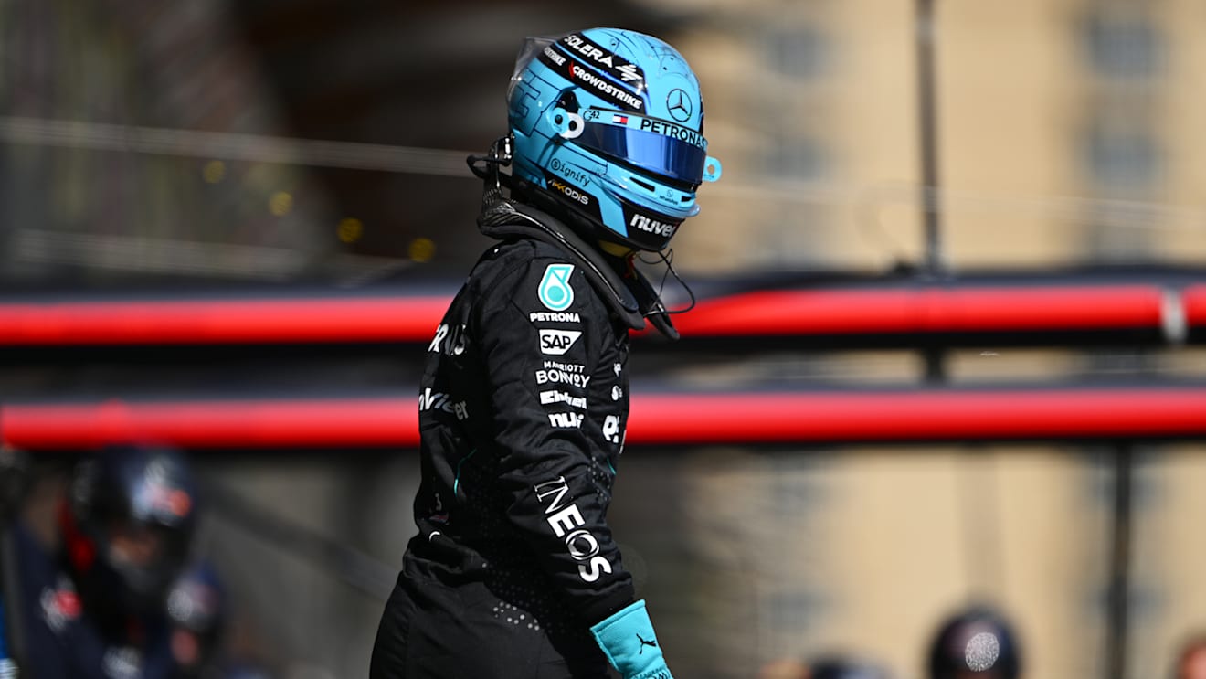 BAKU, AZERBAIJAN - SEPTEMBER 13: George Russell of Great Britain and Mercedes looks on in the Pitlane during practice ahead of the F1 Grand Prix of Azerbaijan at Baku City Circuit on September 13, 2024 in Baku, Azerbaijan. (Photo by Dan Mullan/Getty Images)