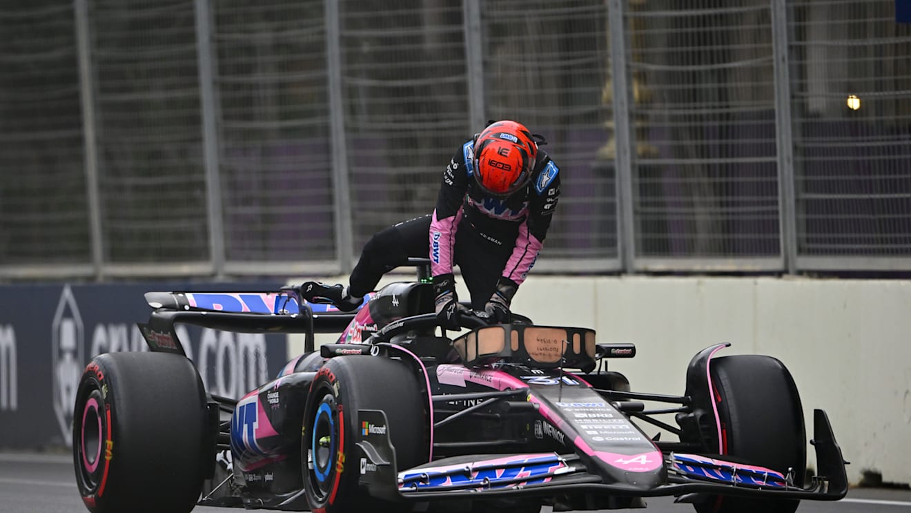 BAKU, AZERBAIJAN - SEPTEMBER 14: Esteban Ocon of France and Alpine F1 climbs from his car after stopping on track during final practice ahead of the F1 Grand Prix of Azerbaijan at Baku City Circuit on September 14, 2024 in Baku, Azerbaijan. (Photo by Dan Mullan/Getty Images)