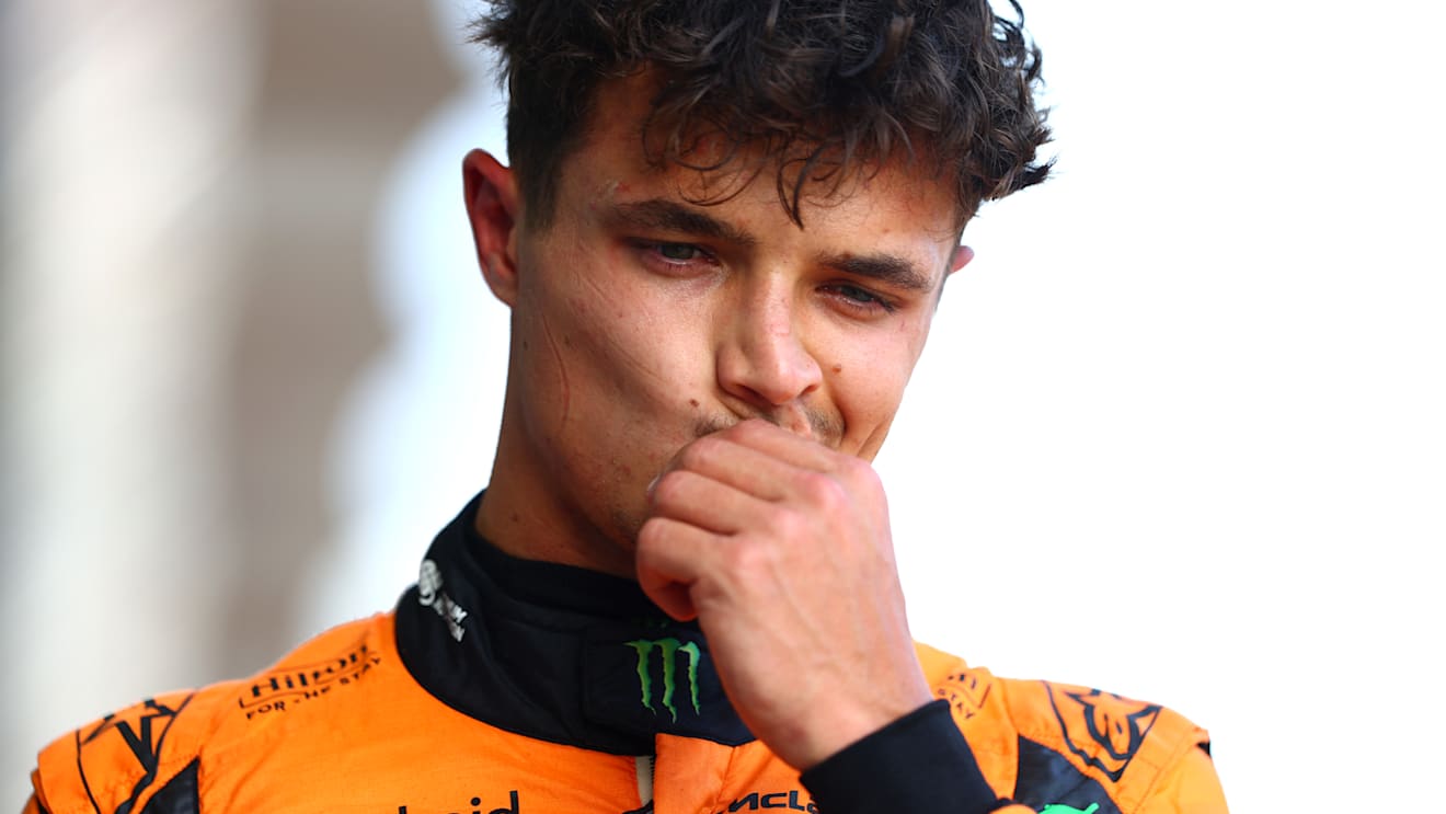 BAKU, AZERBAIJAN - SEPTEMBER 14: 17th placed qualifier Lando Norris of Great Britain and McLaren looks on in the Pitlane after being knocked out of qualifying ahead of the F1 Grand Prix of Azerbaijan at Baku City Circuit on September 14, 2024 in Baku, Azerbaijan. (Photo by Clive Rose - Formula 1/Formula 1 via Getty Images)