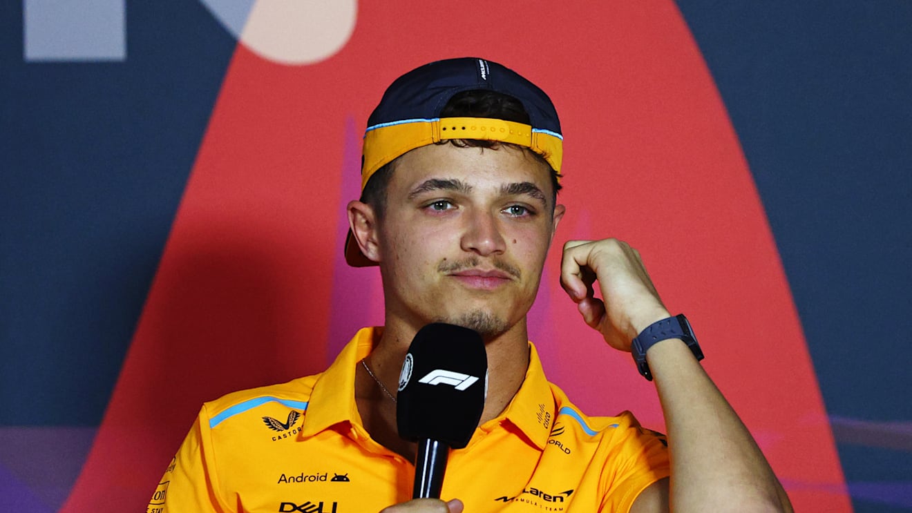 BAHRAIN, BAHRAIN - FEBRUARY 28: Lando Norris of Great Britain and McLaren attends the Drivers Press Conference during previews ahead of the F1 Grand Prix of Bahrain at Bahrain International Circuit on February 28, 2024 in Bahrain, Bahrain. (Photo by Clive Rose/Getty Images)
