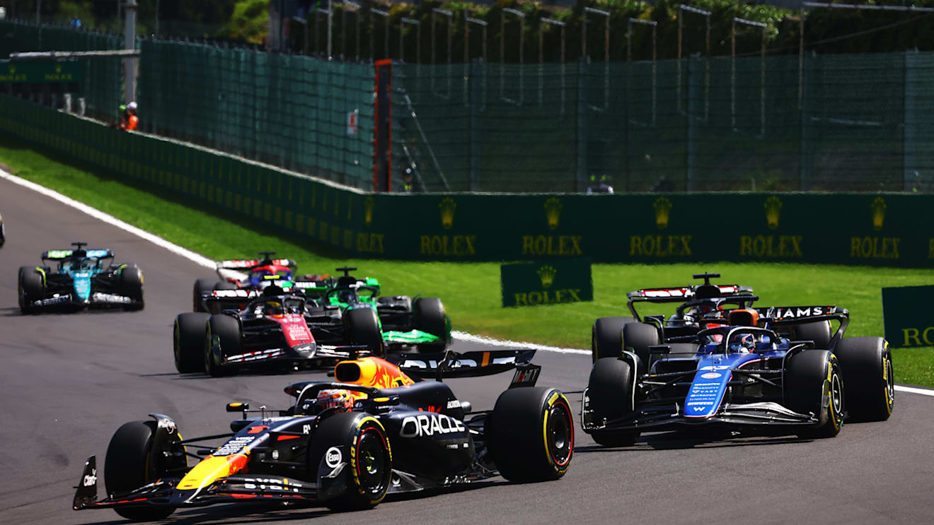 SPA, BELGIUM - JULY 28: Max Verstappen of the Netherlands driving the (1) Oracle Red Bull Racing RB20 leads Alexander Albon of Thailand driving the (23) Williams FW46 Mercedes during the F1 Grand Prix of Belgium at Circuit de Spa-Francorchamps on July 28, 2024 in Spa, Belgium. (Photo by Mark Thompson/Getty Images)