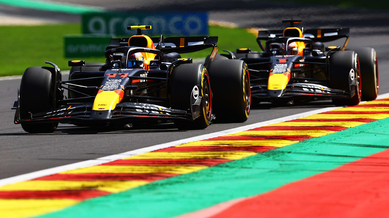 SPA, BELGIUM - JULY 28: Sergio Perez of Mexico driving the (11) Oracle Red Bull Racing RB20 leads Max Verstappen of the Netherlands driving the (1) Oracle Red Bull Racing RB20 during the F1 Grand Prix of Belgium at Circuit de Spa-Francorchamps on July 28, 2024 in Spa, Belgium. (Photo by Mark Thompson/Getty Images)