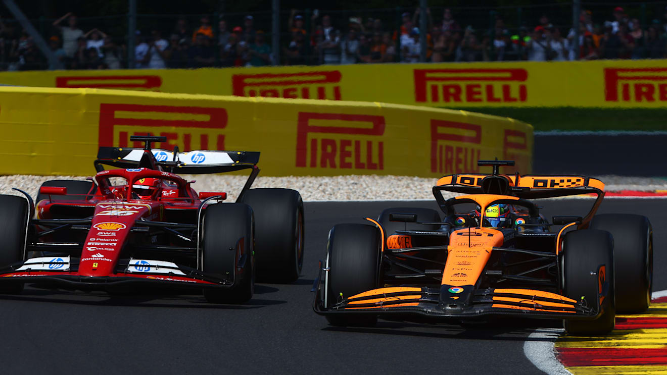 SPA, BELGIUM - JULY 28: Oscar Piastri of Australia driving the (81) McLaren MCL38 Mercedes overtakes Charles Leclerc of Monaco driving the (16) Ferrari SF-24 for third position during the F1 Grand Prix of Belgium at Circuit de Spa-Francorchamps on July 28, 2024 in Spa, Belgium. (Photo by Joe Portlock - Formula 1/Formula 1 via Getty Images)