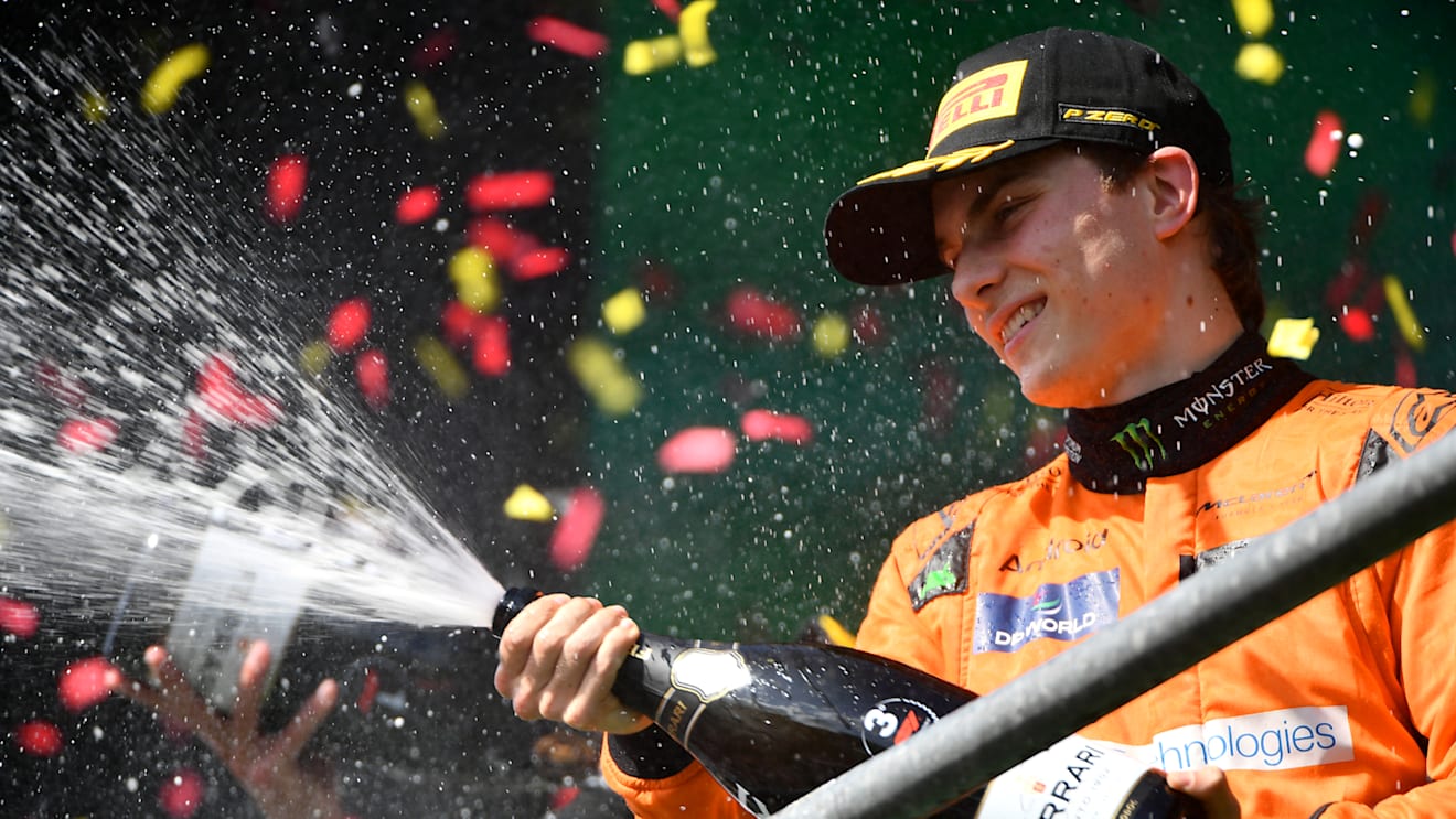 SPA, BELGIUM - JULY 28: Third placed Oscar Piastri of Australia and McLaren celebrates on the podium during the F1 Grand Prix of Belgium at Circuit de Spa-Francorchamps on July 28, 2024 in Spa, Belgium. (Photo by James Sutton - Formula 1/Formula 1 via Getty Images)