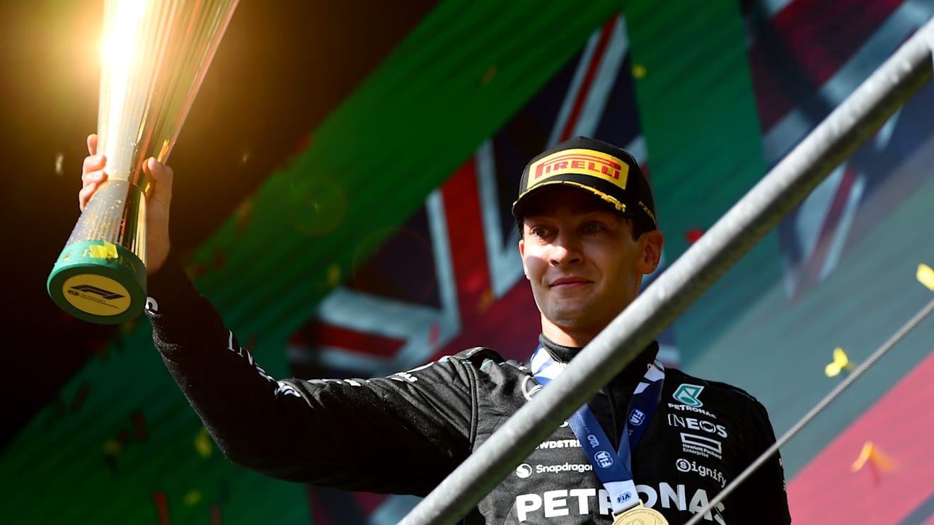 SPA, BELGIUM - JULY 28: Race winner George Russell of Great Britain and Mercedes celebrates on the podium during the F1 Grand Prix of Belgium at Circuit de Spa-Francorchamps on July 28, 2024 in Spa, Belgium. (Photo by James Sutton - Formula 1/Formula 1 via Getty Images)