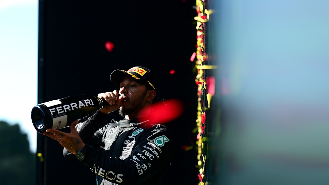 SPA, BELGIUM - JULY 28: Second placed Lewis Hamilton of Great Britain and Mercedes celebrates on the podium during the F1 Grand Prix of Belgium at Circuit de Spa-Francorchamps on July 28, 2024 in Spa, Belgium. (Photo by Mario Renzi - Formula 1/Formula 1 via Getty Images)
