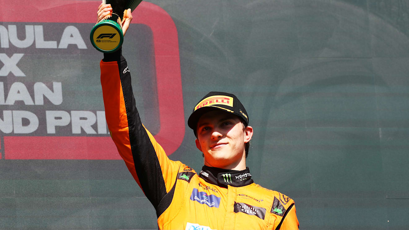 SPA, BELGIUM - JULY 28: Third placed Oscar Piastri of Australia and McLaren celebrates on the podium during the F1 Grand Prix of Belgium at Circuit de Spa-Francorchamps on July 28, 2024 in Spa, Belgium. (Photo by Peter Fox - Formula 1/Formula 1 via Getty Images)