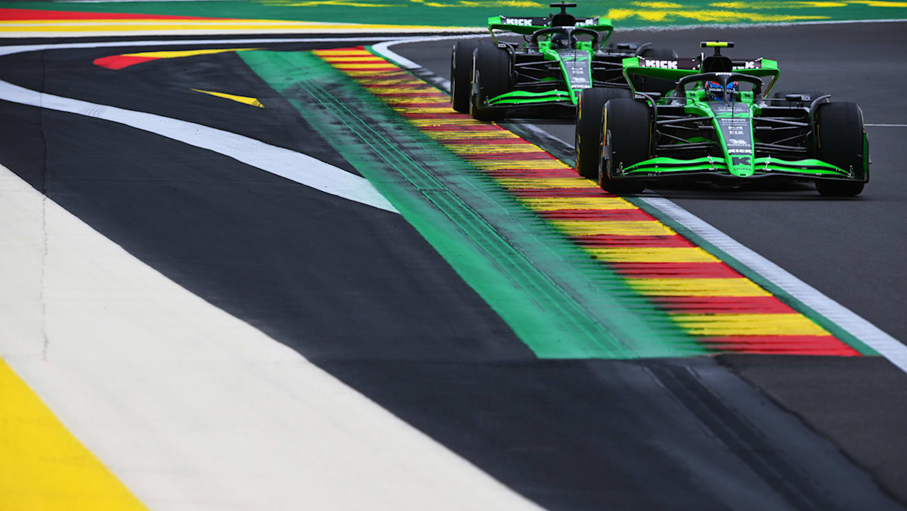 SPA, BELGIUM - JULY 26: Zhou Guanyu of China driving the (24) Kick Sauber C44 Ferrari leads teammate Valtteri Bottas of Finland driving the (77) Kick Sauber C44 Ferrari on track during practice ahead of the F1 Grand Prix of Belgium at Circuit de Spa-Francorchamps on July 26, 2024 in Spa, Belgium. (Photo by Rudy Carezzevoli/Getty Images)