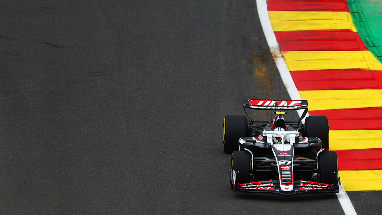 SPA, BELGIUM - JULY 26: Nico Hulkenberg of Germany driving the (27) Haas F1 VF-24 Ferrari on track  during practice ahead of the F1 Grand Prix of Belgium at Circuit de Spa-Francorchamps on July 26, 2024 in Spa, Belgium. (Photo by Bryn Lennon - Formula 1/Formula 1 via Getty Images)