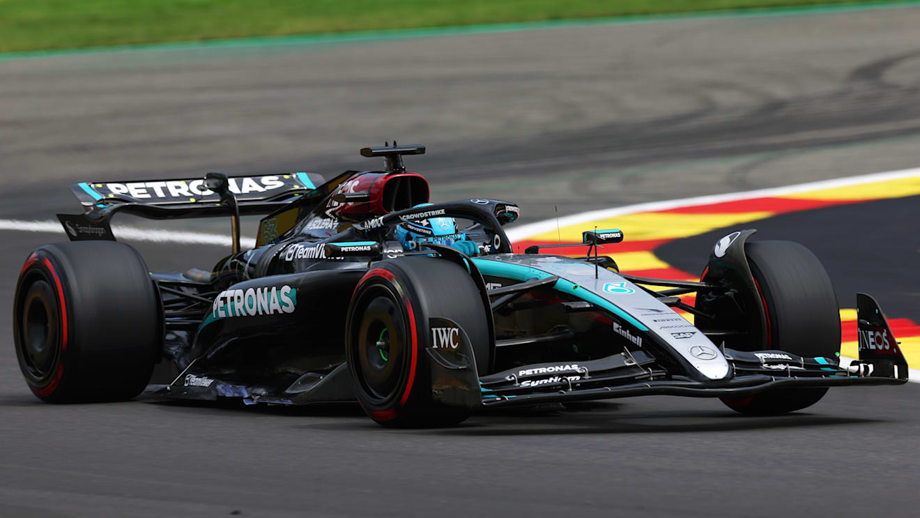 SPA, BELGIUM - JULY 26: George Russell of Great Britain driving the (63) Mercedes AMG Petronas F1 Team W15 on track during practice ahead of the F1 Grand Prix of Belgium at Circuit de Spa-Francorchamps on July 26, 2024 in Spa, Belgium. (Photo by Dean Mouhtaropoulos/Getty Images)
