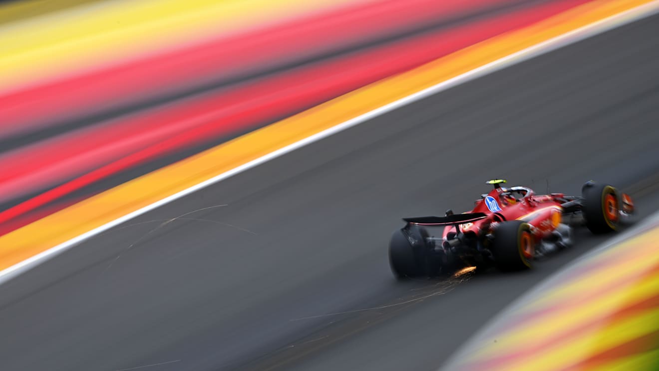 SPA, BELGIUM - JULY 26: Sparks fly behind Carlos Sainz of Spain driving (55) the Ferrari SF-24 during practice ahead of the F1 Grand Prix of Belgium at Circuit de Spa-Francorchamps on July 26, 2024 in Spa, Belgium. (Photo by Rudy Carezzevoli/Getty Images)