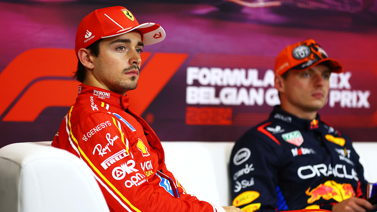 SPA, BELGIUM - JULY 27: Second placed Charles Leclerc of Monaco and Ferrari attends the press conference after qualifying ahead of the F1 Grand Prix of Belgium at Circuit de Spa-Francorchamps on July 27, 2024 in Spa, Belgium. (Photo by Bryn Lennon/Getty Images)