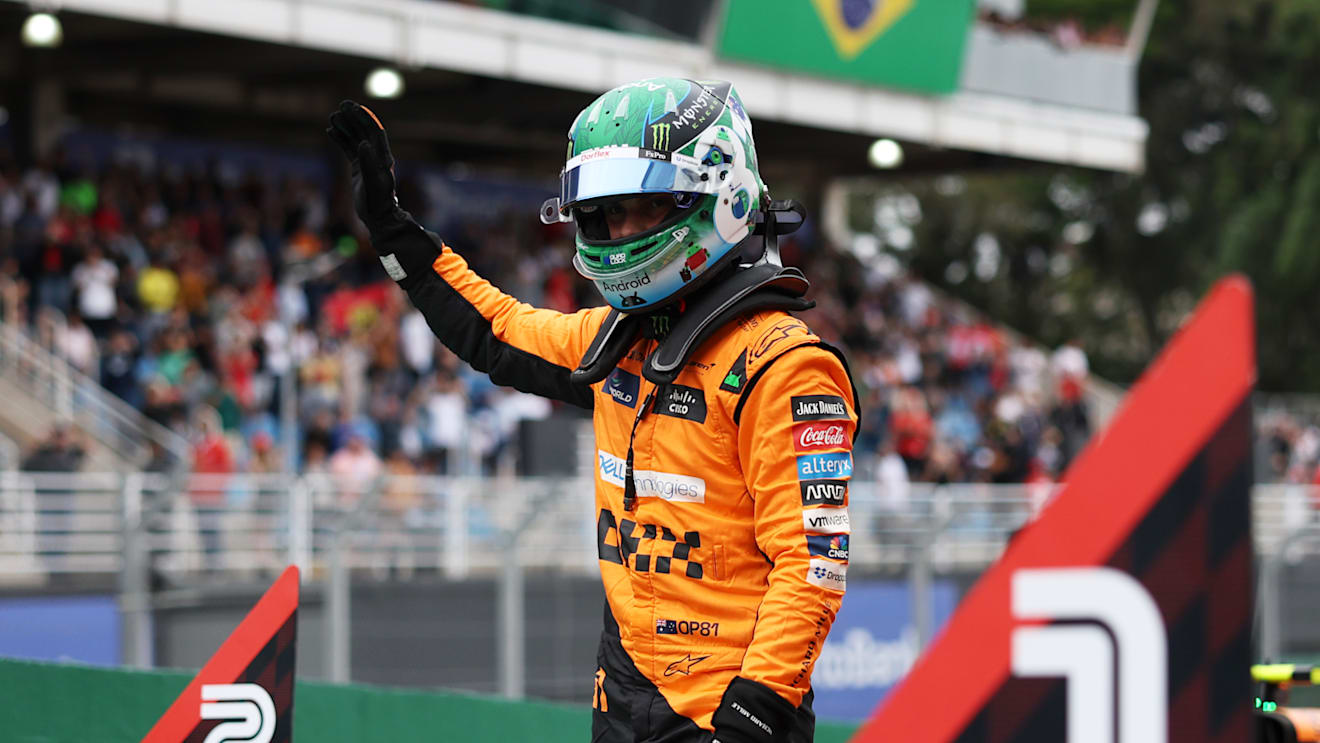 SAO PAULO, BRAZIL - NOVEMBER 01: Sprint Pole qualifier Oscar Piastri of Australia and McLaren celebrates in parc ferme during Sprint Qualifying ahead of the F1 Grand Prix of Brazil at Autodromo Jose Carlos Pace on November 01, 2024 in Sao Paulo, Brazil. (Photo by Lars Baron - Formula 1/Formula 1 via Getty Images)
