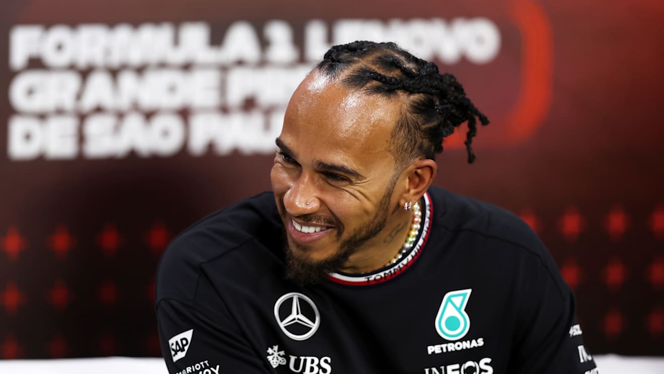 SAO PAULO, BRAZIL - OCTOBER 31: Lewis Hamilton of Great Britain and Mercedes attends the Drivers Press Conference during previews ahead of the F1 Grand Prix of Brazil at Autodromo Jose Carlos Pace on October 31, 2024 in Sao Paulo, Brazil. (Photo by Lars Baron/Getty Images)
