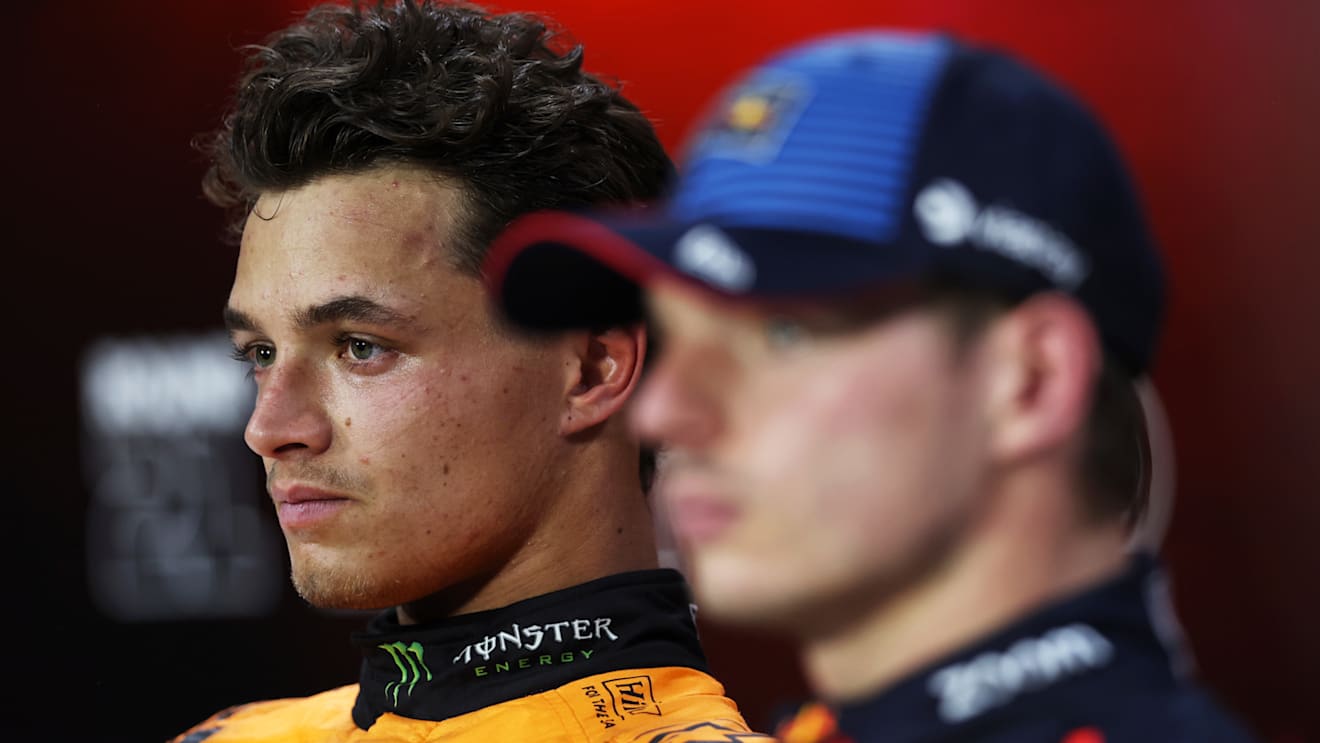 SAO PAULO, BRAZIL - NOVEMBER 02: Sprint winner Lando Norris of Great Britain and McLaren and Third placed Max Verstappen of the Netherlands and Oracle Red Bull Racing attend the press conference after the Sprint ahead of the F1 Grand Prix of Brazil at Autodromo Jose Carlos Pace on November 02, 2024 in Sao Paulo, Brazil. (Photo by Lars Baron/Getty Images)