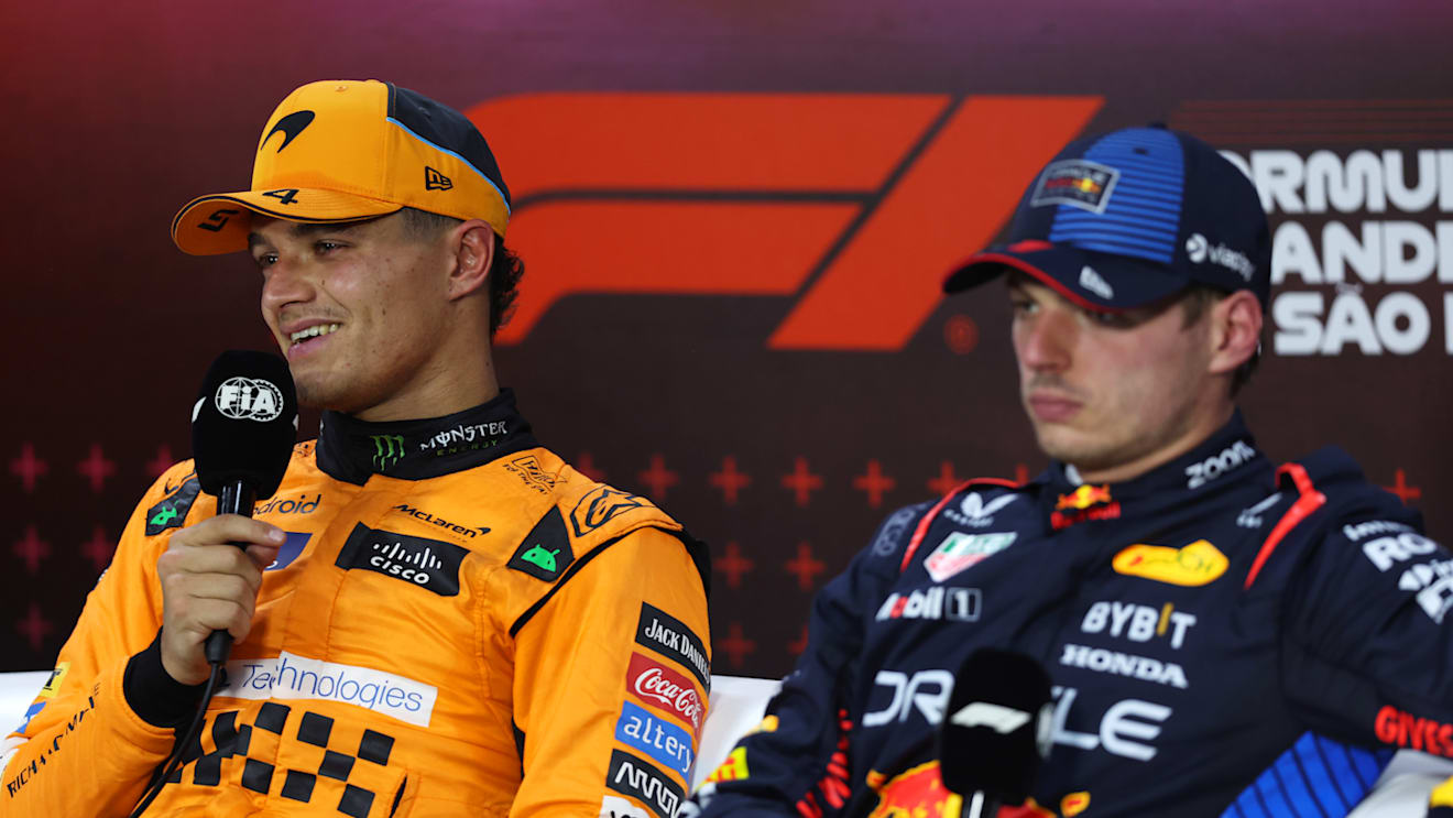 SAO PAULO, BRAZIL - NOVEMBER 02: Sprint winner Lando Norris of Great Britain and McLaren and Third placed Max Verstappen of the Netherlands and Oracle Red Bull Racing attend the press conference after the Sprint ahead of the F1 Grand Prix of Brazil at Autodromo Jose Carlos Pace on November 02, 2024 in Sao Paulo, Brazil. (Photo by Lars Baron/Getty Images)