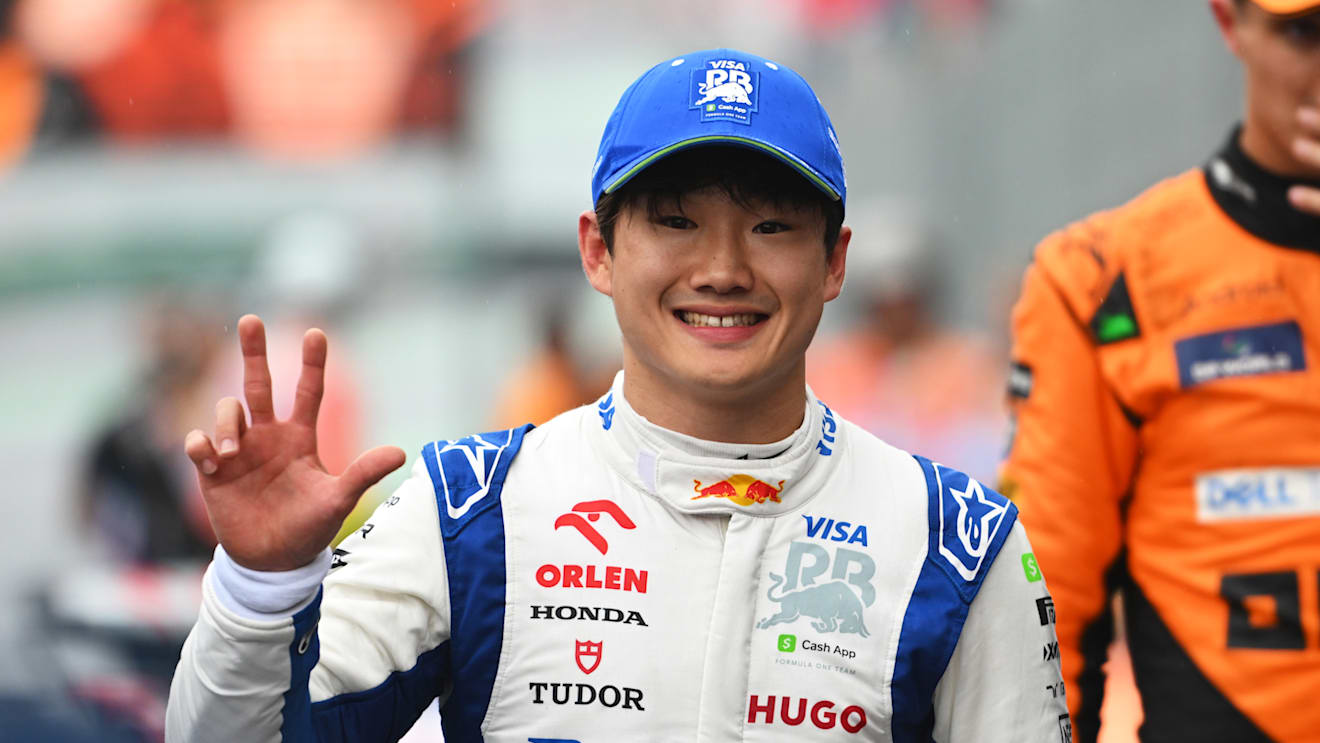 SAO PAULO, BRAZIL - NOVEMBER 03: Third placed qualifier Yuki Tsunoda of Japan and Visa Cash App RB celebrates in parc ferme during qualifying ahead of the F1 Grand Prix of Brazil at Autodromo Jose Carlos Pace on November 03, 2024 in Sao Paulo, Brazil. (Photo by Rudy Carezzevoli/Getty Images)