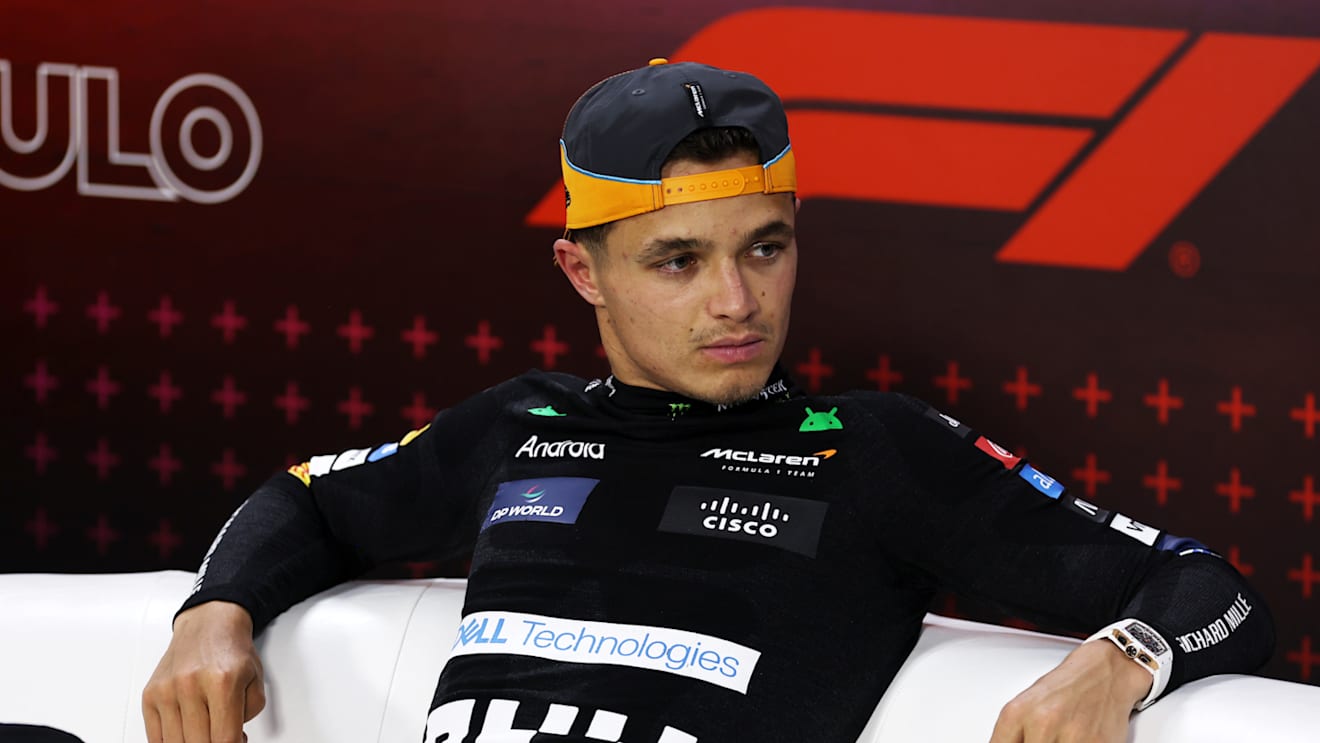 SAO PAULO, BRAZIL - NOVEMBER 03: Pole position qualifier Lando Norris of Great Britain and McLaren attends the press conference after qualifying ahead of the F1 Grand Prix of Brazil at Autodromo Jose Carlos Pace on November 03, 2024 in Sao Paulo, Brazil. (Photo by Lars Baron/Getty Images)