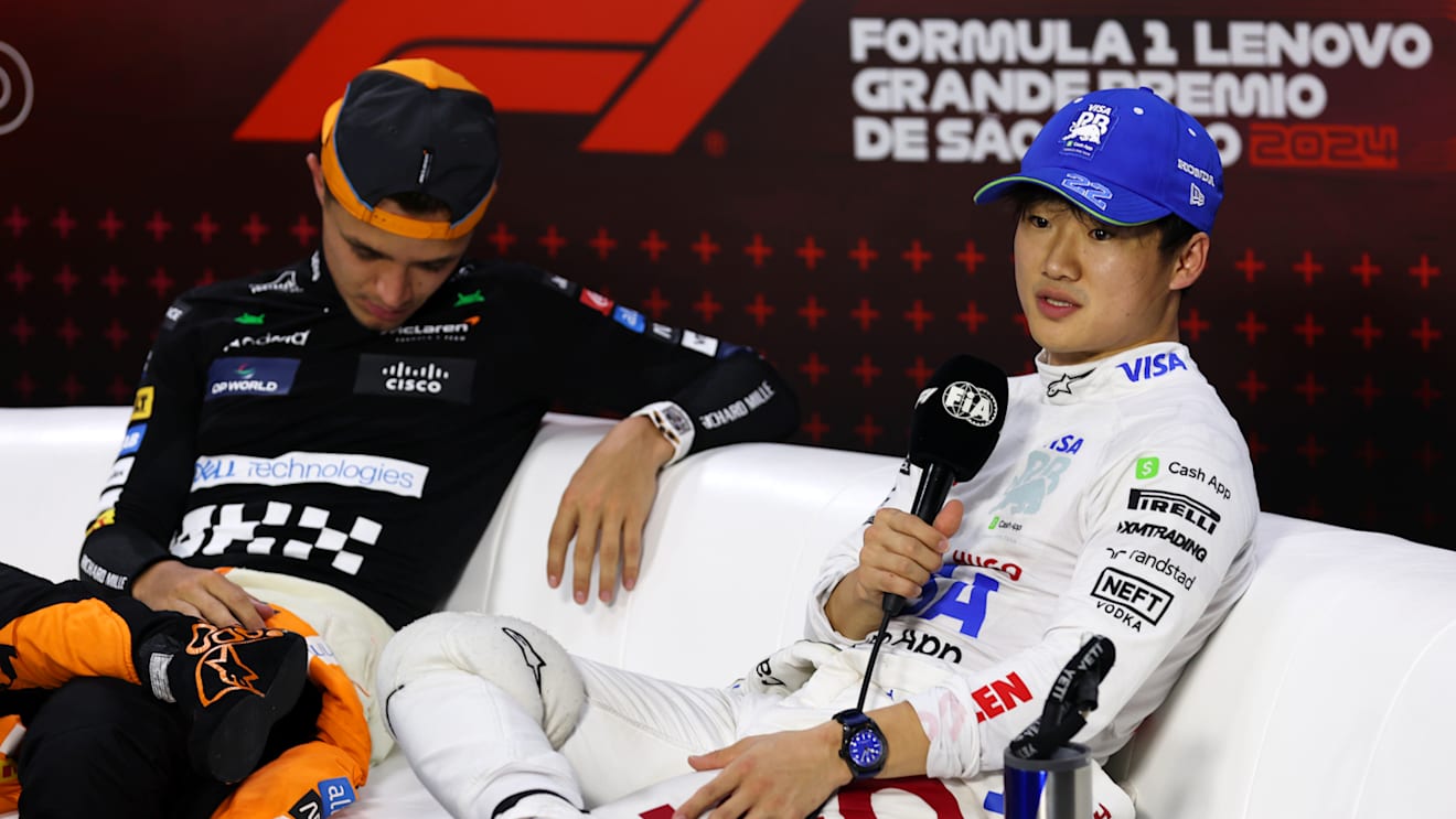SAO PAULO, BRAZIL - NOVEMBER 03: Third placed qualifier Yuki Tsunoda of Japan and Visa Cash App RB attends the press conference after qualifying ahead of the F1 Grand Prix of Brazil at Autodromo Jose Carlos Pace on November 03, 2024 in Sao Paulo, Brazil. (Photo by Lars Baron/Getty Images)