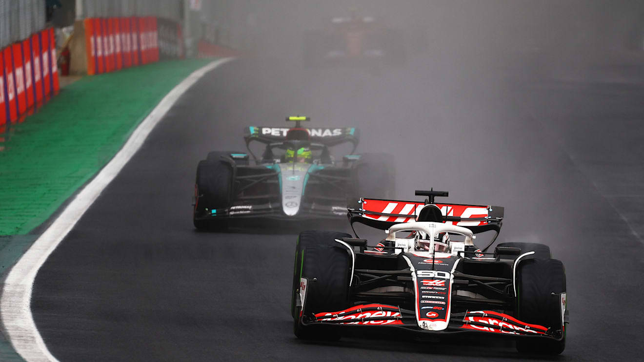 SAO PAULO, BRAZIL - NOVEMBER 03: Oliver Bearman of Great Britain driving the (50) Haas F1 VF-24 Ferrari leads Lewis Hamilton of Great Britain driving the (44) Mercedes AMG Petronas F1 Team W15 on track  during the F1 Grand Prix of Brazil at Autodromo Jose Carlos Pace on November 03, 2024 in Sao Paulo, Brazil. (Photo by Mark Thompson/Getty Images)