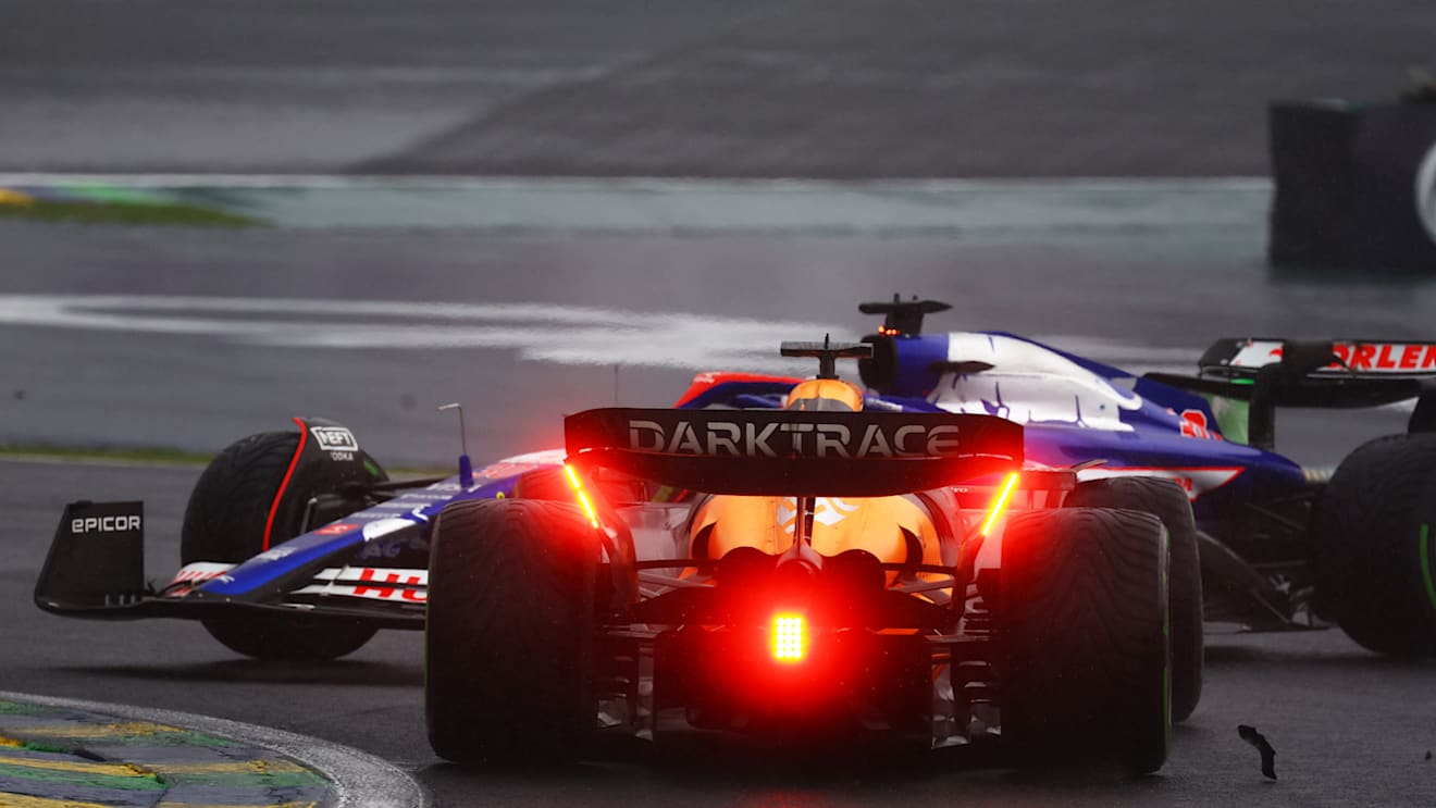 SAO PAULO, BRAZIL - NOVEMBER 03: Liam Lawson of New Zealand driving the (30) Visa Cash App RB VCARB 01 and Oscar Piastri of Australia driving the (81) McLaren MCL38 Mercedes crash during the F1 Grand Prix of Brazil at Autodromo Jose Carlos Pace on November 03, 2024 in Sao Paulo, Brazil. (Photo by Mark Thompson/Getty Images)